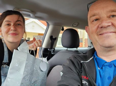 Craig is receiving a gift from Sky, who just passed her driving Test in Carmarthen for the first time  